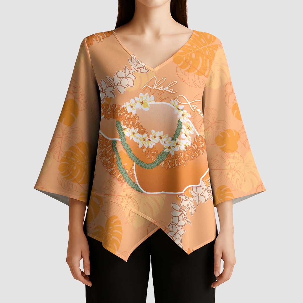 Hawaii Lanai Island Flowers Lei Kimono Sleeve Blouse Orange Kaunaoa Mix Maile LT7 - Polynesian Pride