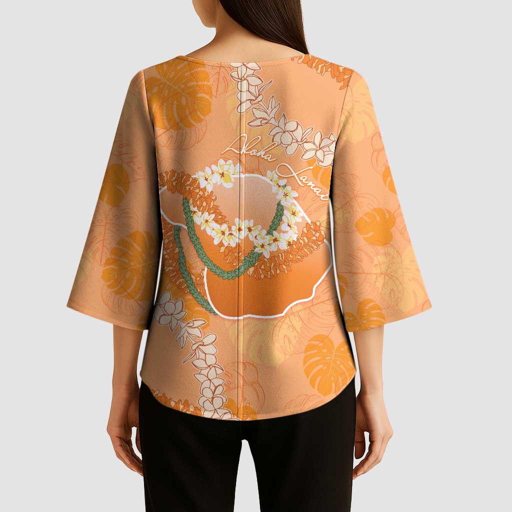 Hawaii Lanai Island Flowers Lei Kimono Sleeve Blouse Orange Kaunaoa Mix Maile LT7 - Polynesian Pride