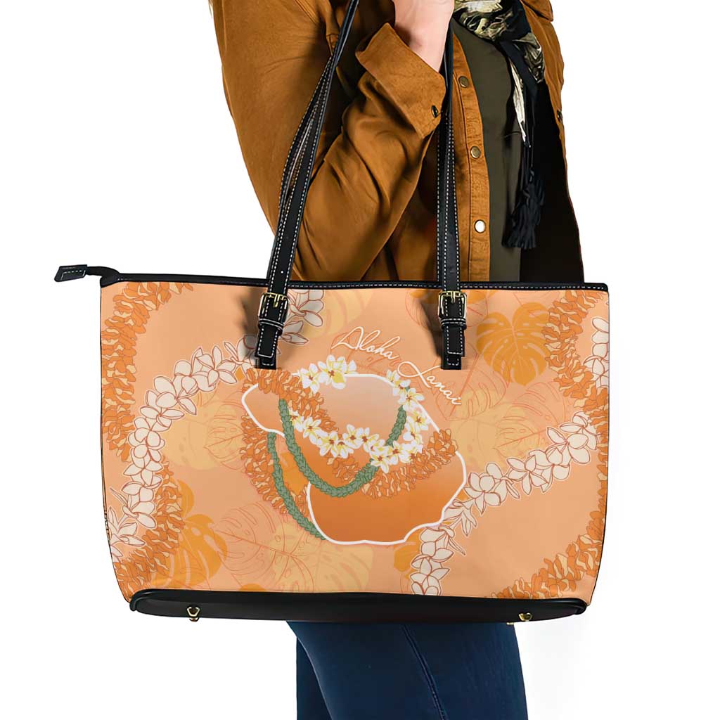 Hawaii Lanai Island Flowers Lei Leather Tote Bag Orange Kaunaoa Mix Maile LT7 - Polynesian Pride