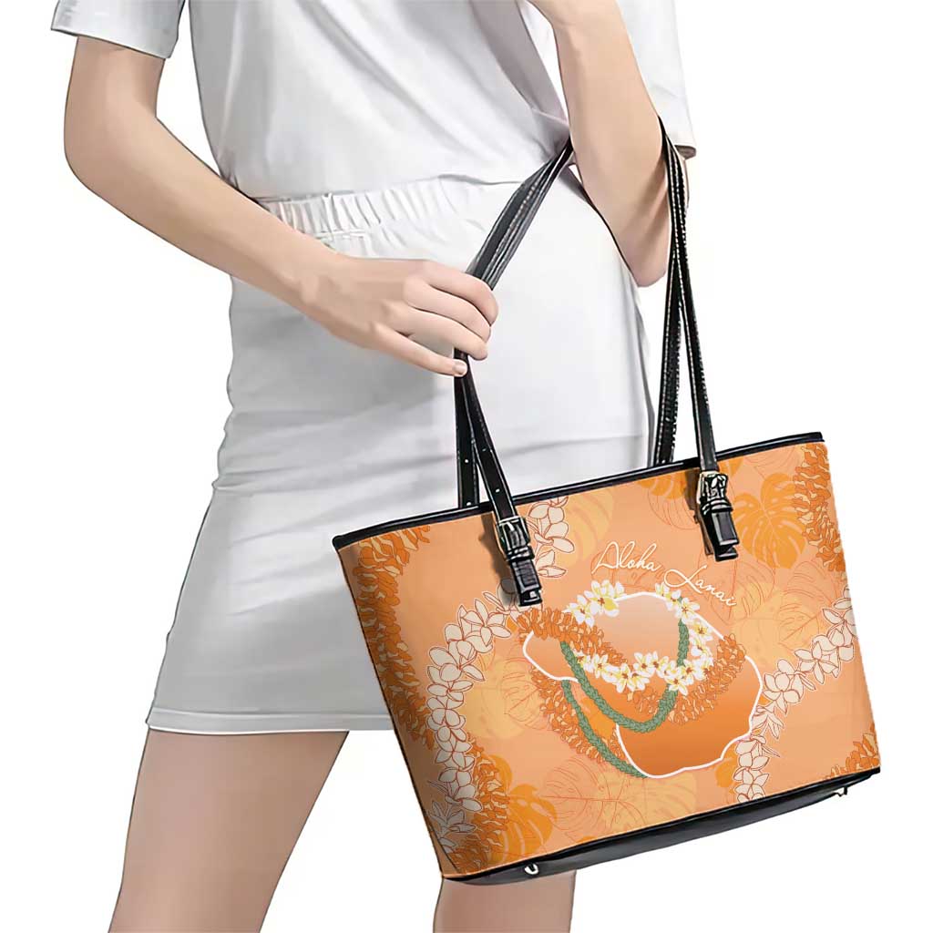Hawaii Lanai Island Flowers Lei Leather Tote Bag Orange Kaunaoa Mix Maile LT7 - Polynesian Pride