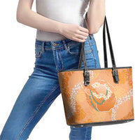 Hawaii Lanai Island Flowers Lei Leather Tote Bag Orange Kaunaoa Mix Maile LT7 - Polynesian Pride
