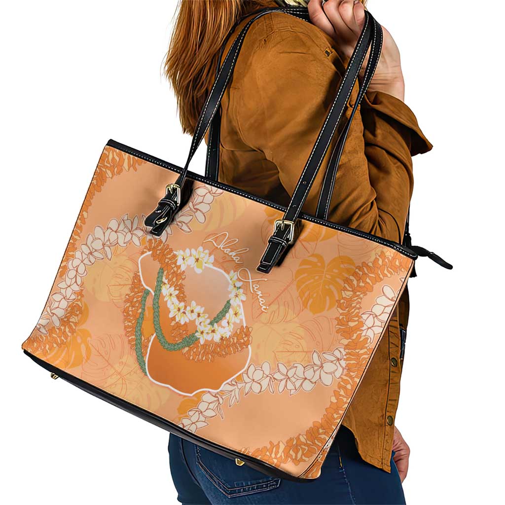 Hawaii Lanai Island Flowers Lei Leather Tote Bag Orange Kaunaoa Mix Maile LT7 - Polynesian Pride