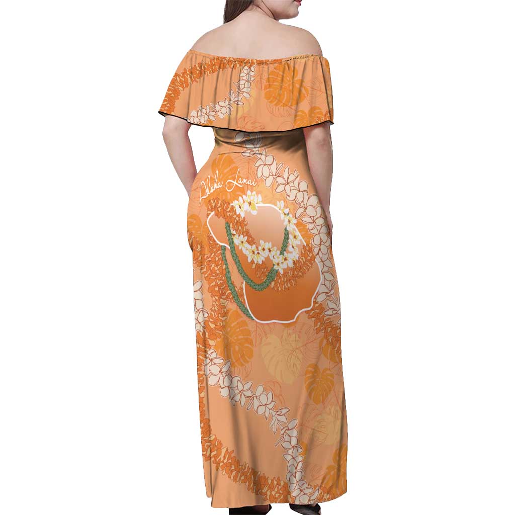 Hawaii Lanai Island Flowers Lei Off Shoulder Maxi Dress Orange Kaunaoa Mix Maile LT7 - Polynesian Pride