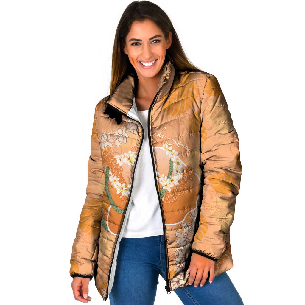 Hawaii Lanai Island Flowers Lei Padded Jacket Orange Kaunaoa Mix Maile LT7 Women Orange - Polynesian Pride