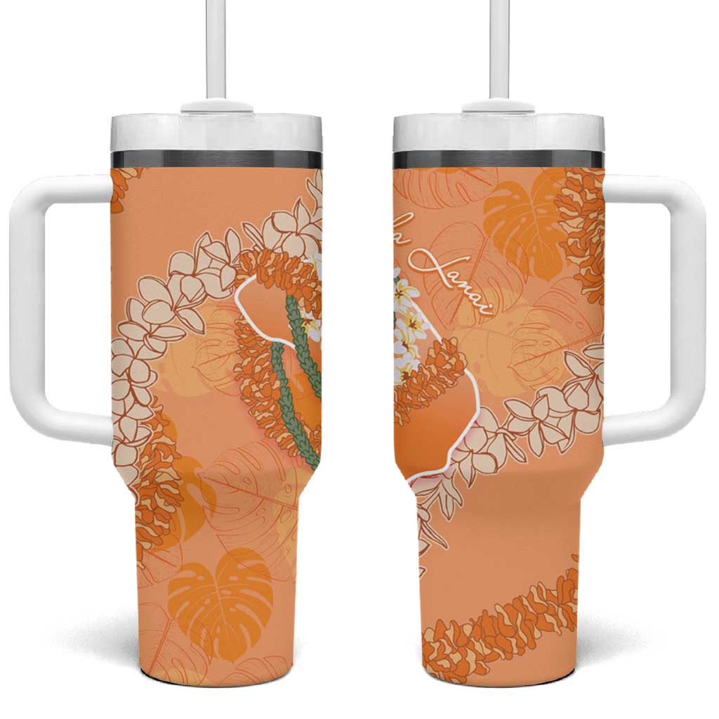 Hawaii Lanai Island Flowers Lei Tumbler With Handle Orange Kaunaoa Mix Maile LT7 One Size: 40 oz Orange - Polynesian Pride