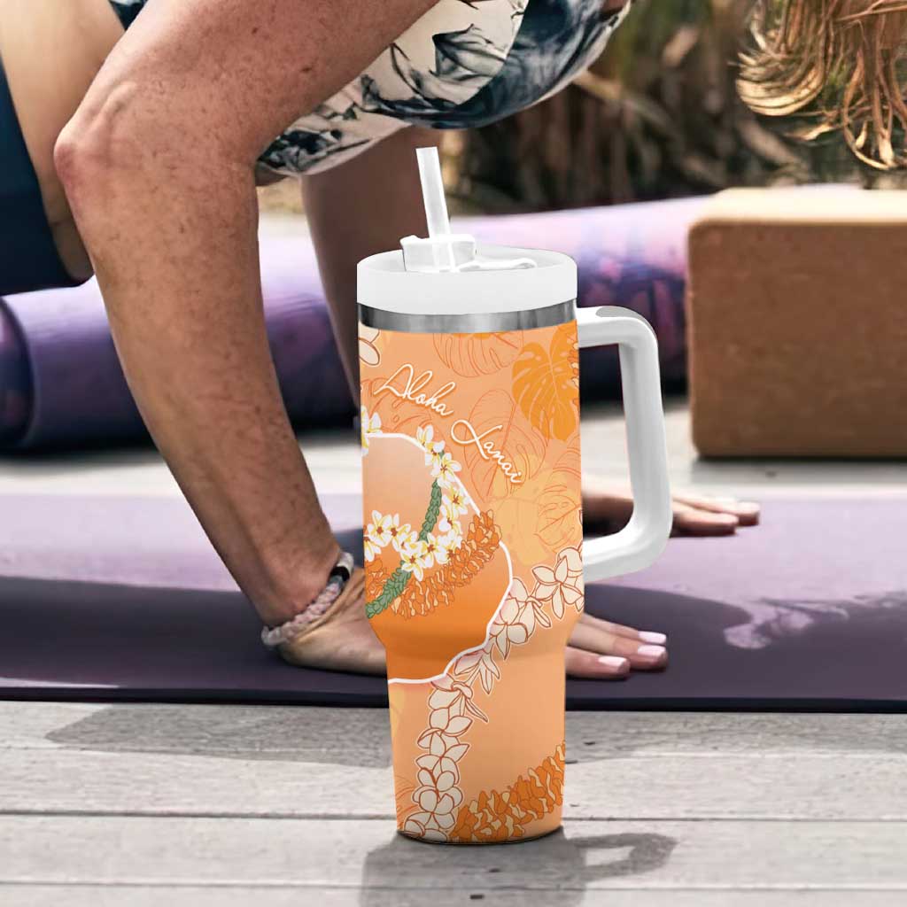 Hawaii Lanai Island Flowers Lei Tumbler With Handle Orange Kaunaoa Mix Maile LT7 - Polynesian Pride