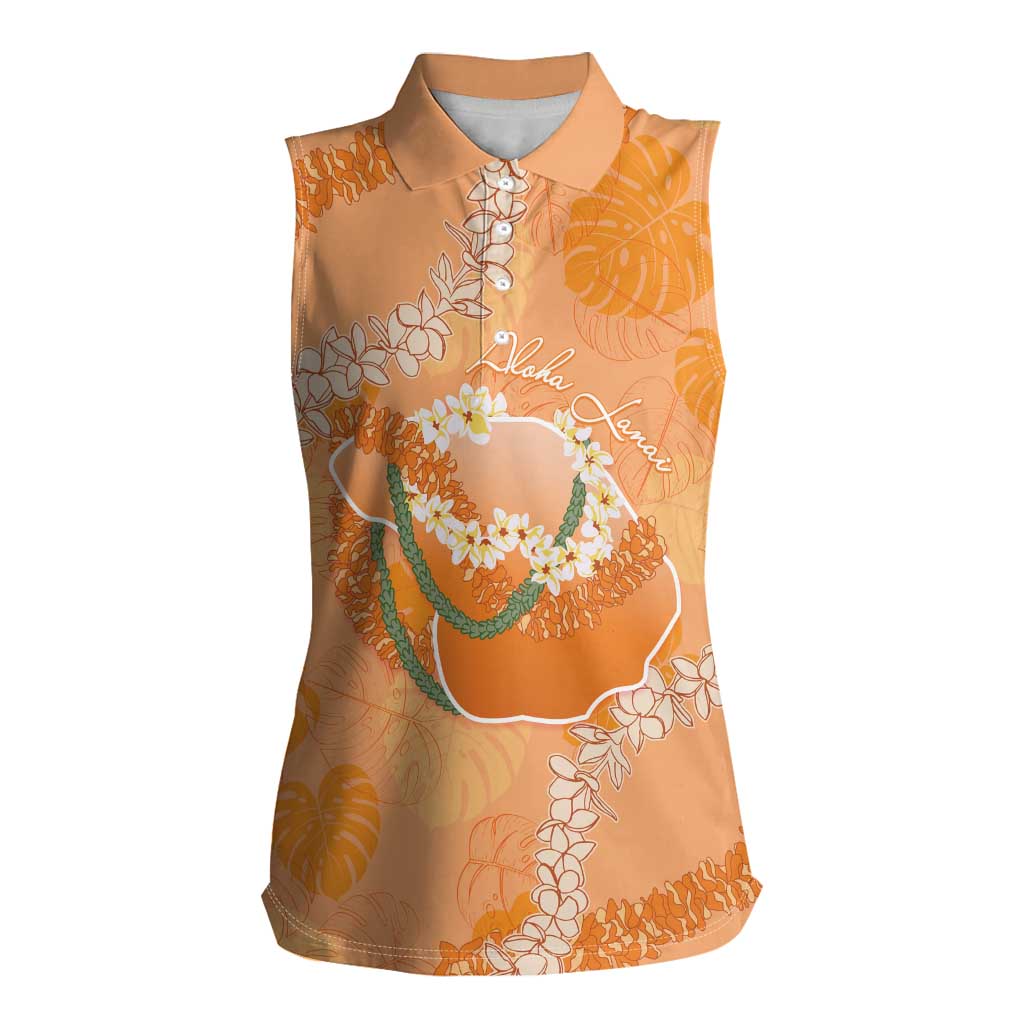 Hawaii Lanai Island Flowers Lei Women Sleeveless Polo Shirt Orange Kaunaoa Mix Maile