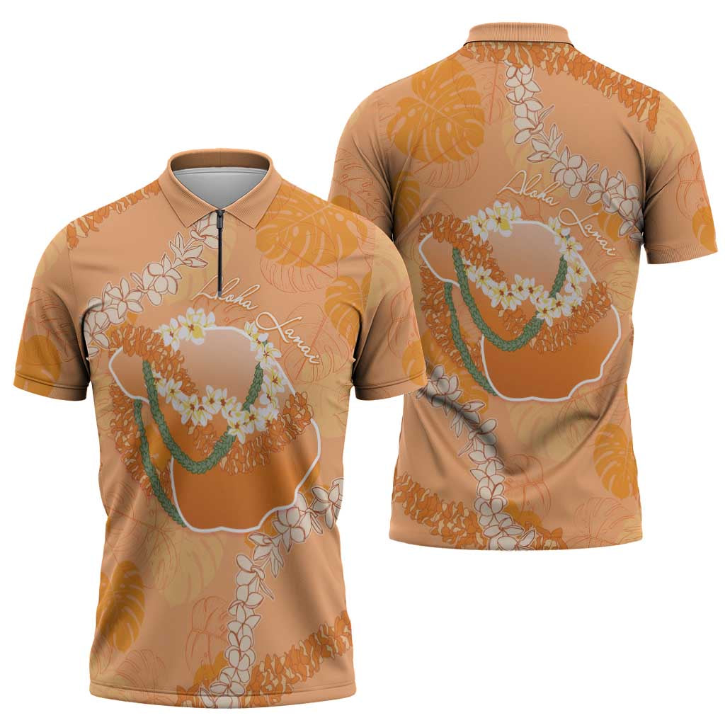 Hawaii Lanai Island Flowers Lei Zipper Polo Shirt Orange Kaunaoa Mix Maile