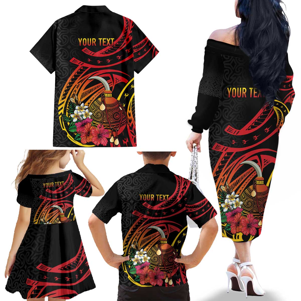 Personalized Milne Bay Family Matching Off The Shoulder Long Sleeve Dress and Hawaiian Shirt PNG Lime Pot with Oro Tapa
