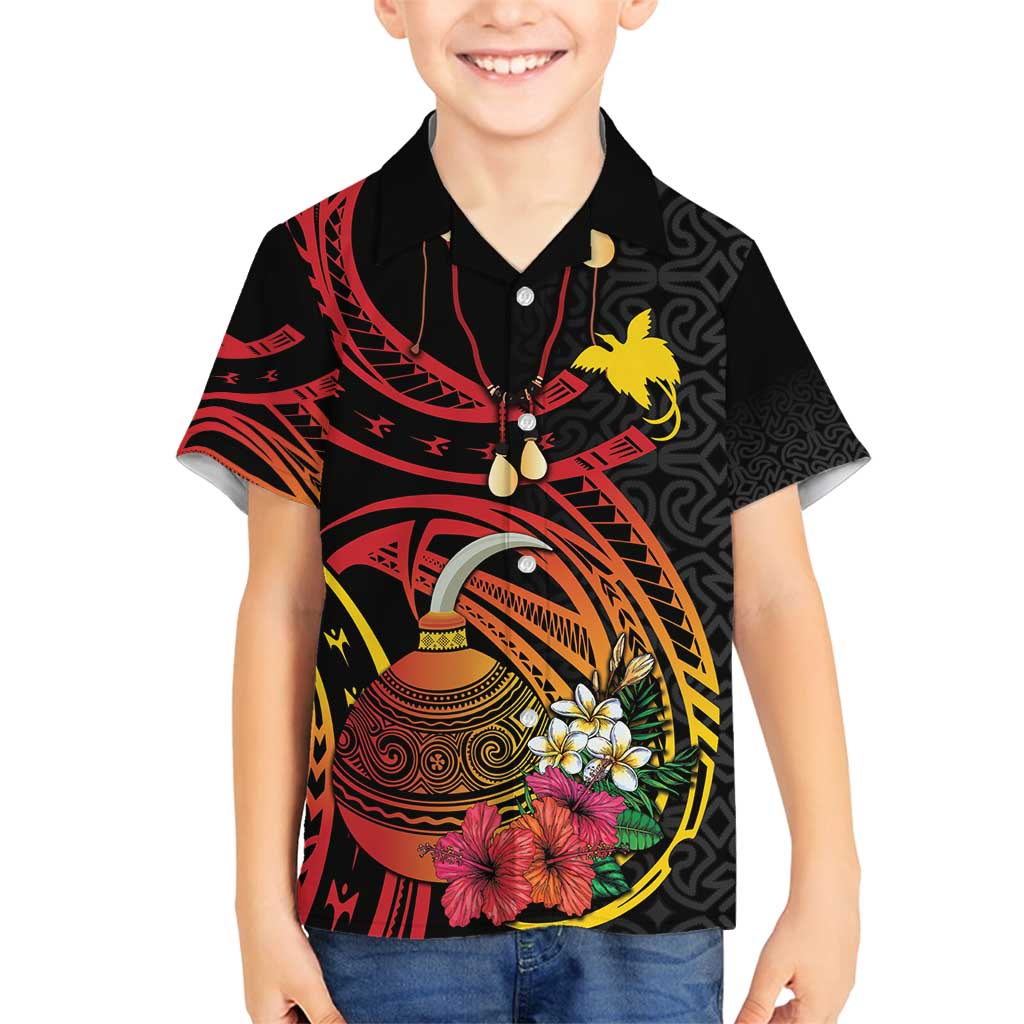 Personalized Milne Bay Family Matching Off Shoulder Short Dress and Hawaiian Shirt PNG Lime Pot with Oro Tapa LT7 Son's Shirt Black - Polynesian Pride