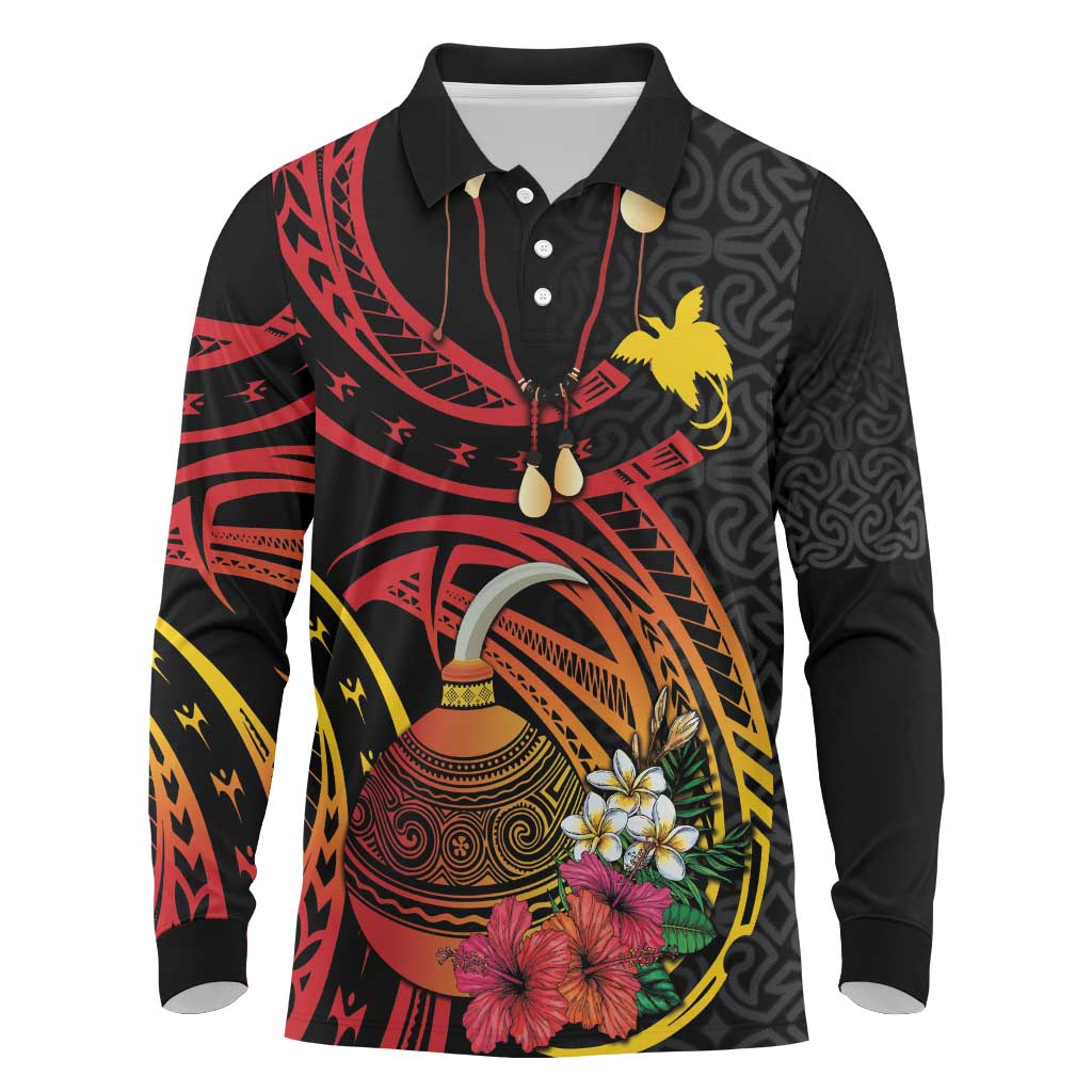 Personalized Milne Bay Long Sleeve Polo Shirt PNG Lime Pot with Oro Tapa LT7 Black - Polynesian Pride