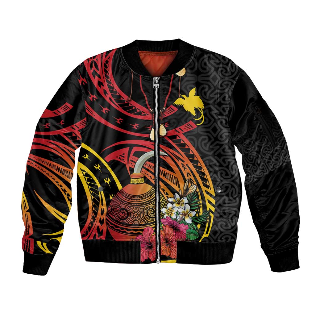 Personalized Milne Bay Sleeve Zip Bomber Jacket PNG Lime Pot with Oro Tapa LT7 Unisex Black - Polynesian Pride