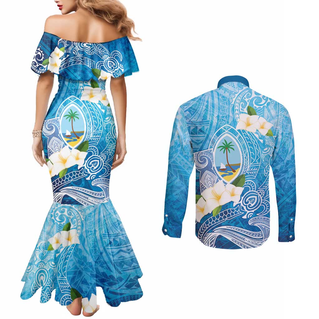 Hafa Adai Guam Chamorro Personalized Couples Matching Mermaid Dress and Long Sleeve Button Shirt Ocean Blue Latte Stone with Guasali - Polynesian Pride