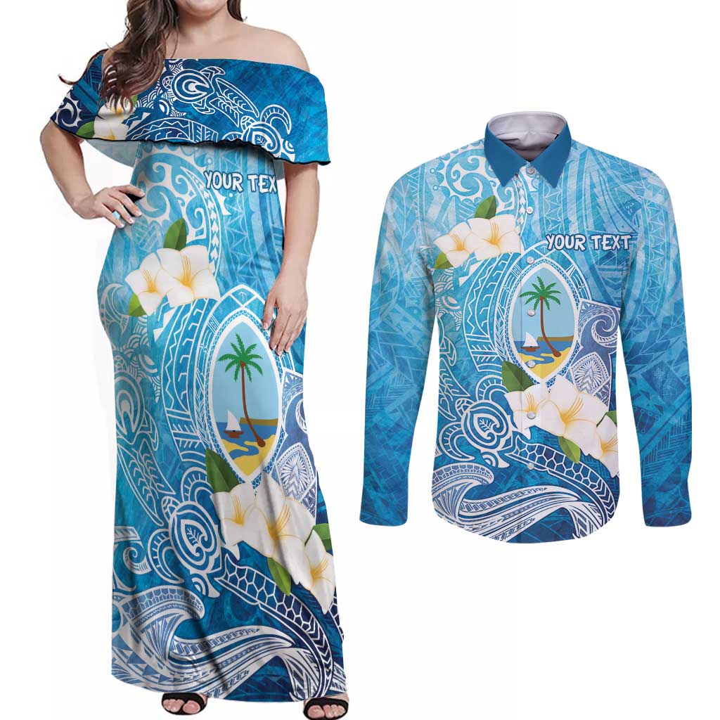 Hafa Adai Guam Chamorro Personalized Couples Matching Off Shoulder Maxi Dress and Long Sleeve Button Shirt Ocean Blue Latte Stone with Guasali - Polynesian Pride