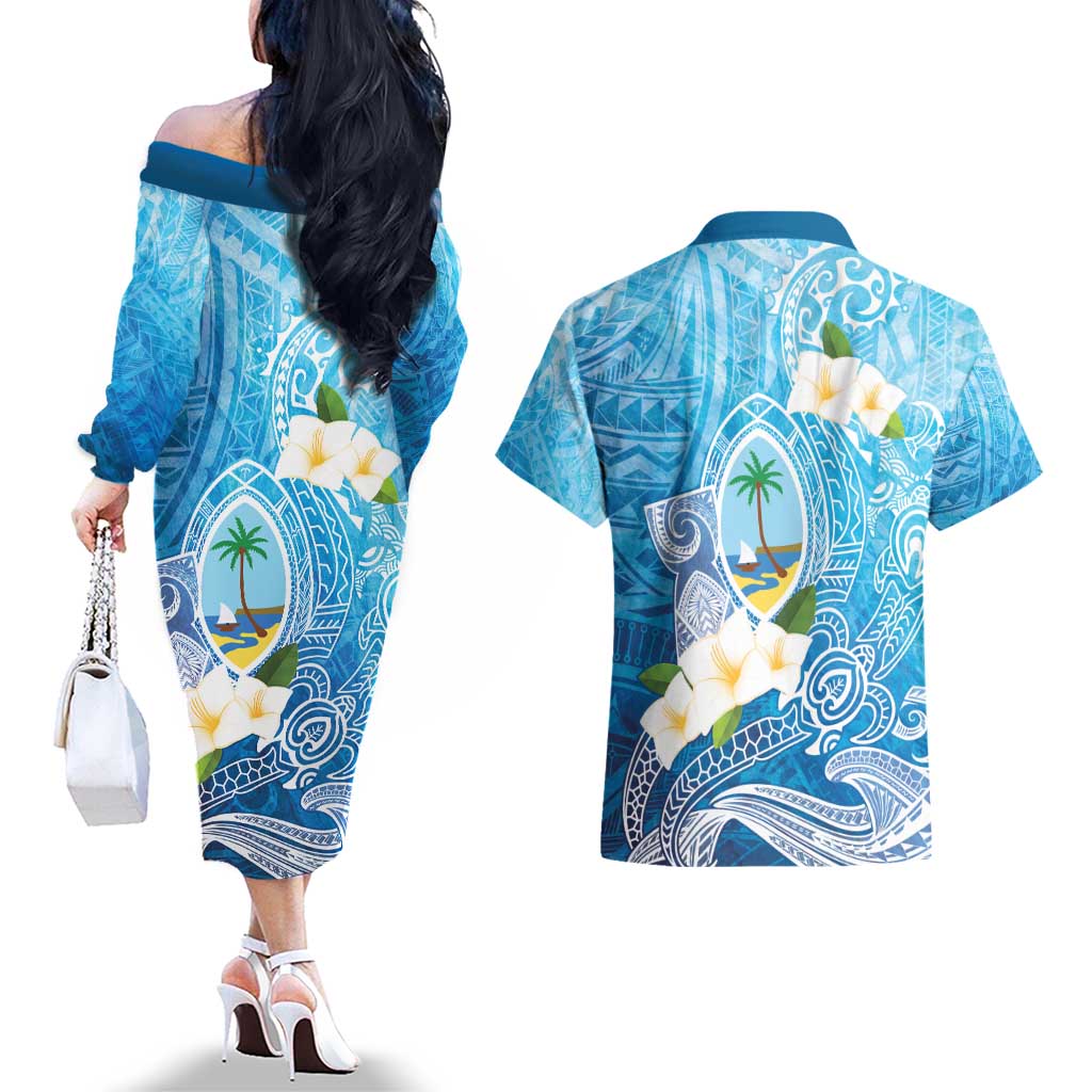 Hafa Adai Guam Chamorro Personalized Couples Matching Off The Shoulder Long Sleeve Dress and Hawaiian Shirt Ocean Blue Latte Stone with Guasali - Polynesian Pride