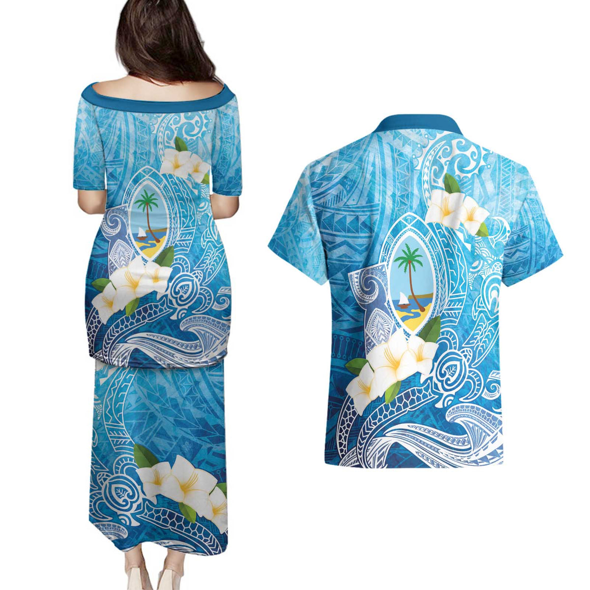 Hafa Adai Guam Chamorro Personalized Couples Matching Puletasi and Hawaiian Shirt Ocean Blue Latte Stone with Guasali - Polynesian Pride