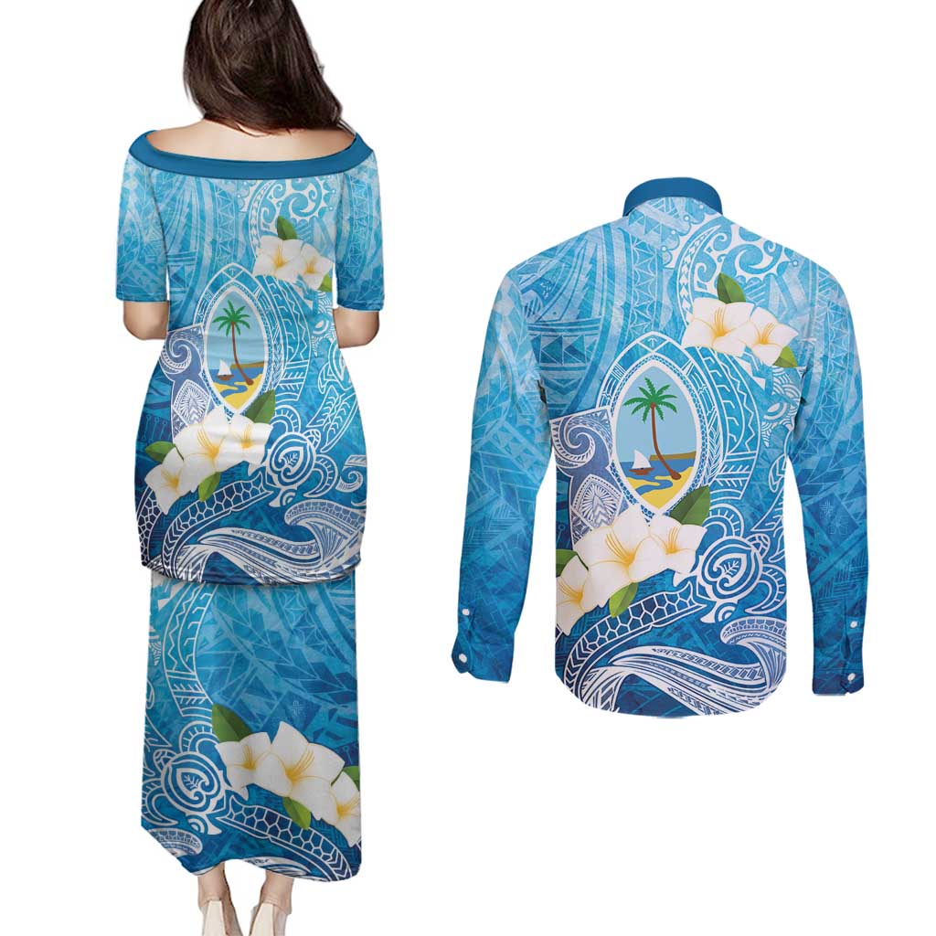 Hafa Adai Guam Chamorro Personalized Couples Matching Puletasi and Long Sleeve Button Shirt Ocean Blue Latte Stone with Guasali - Polynesian Pride