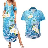 Hafa Adai Guam Chamorro Personalized Couples Matching Summer Maxi Dress and Hawaiian Shirt Ocean Blue Latte Stone with Guasali - Polynesian Pride