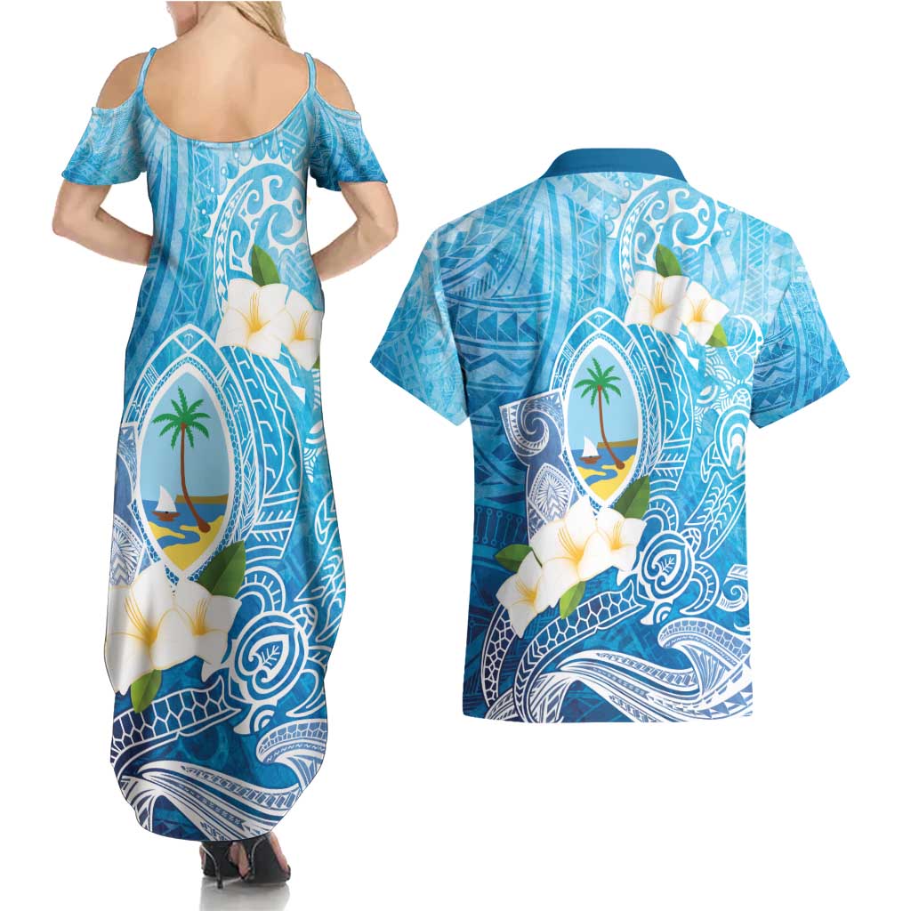 Hafa Adai Guam Chamorro Personalized Couples Matching Summer Maxi Dress and Hawaiian Shirt Ocean Blue Latte Stone with Guasali - Polynesian Pride