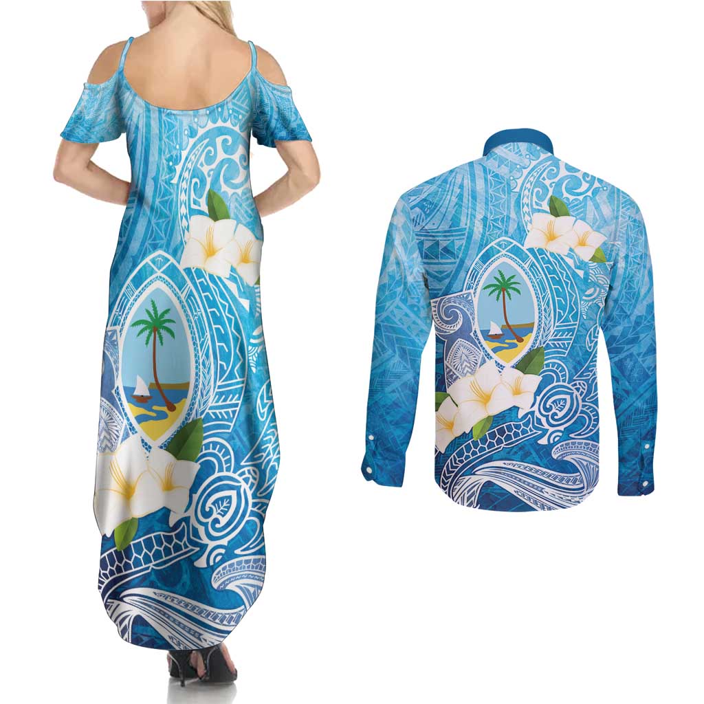 Hafa Adai Guam Chamorro Personalized Couples Matching Summer Maxi Dress and Long Sleeve Button Shirt Ocean Blue Latte Stone with Guasali - Polynesian Pride