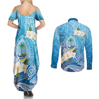 Hafa Adai Guam Chamorro Personalized Couples Matching Summer Maxi Dress and Long Sleeve Button Shirt Ocean Blue Latte Stone with Guasali - Polynesian Pride
