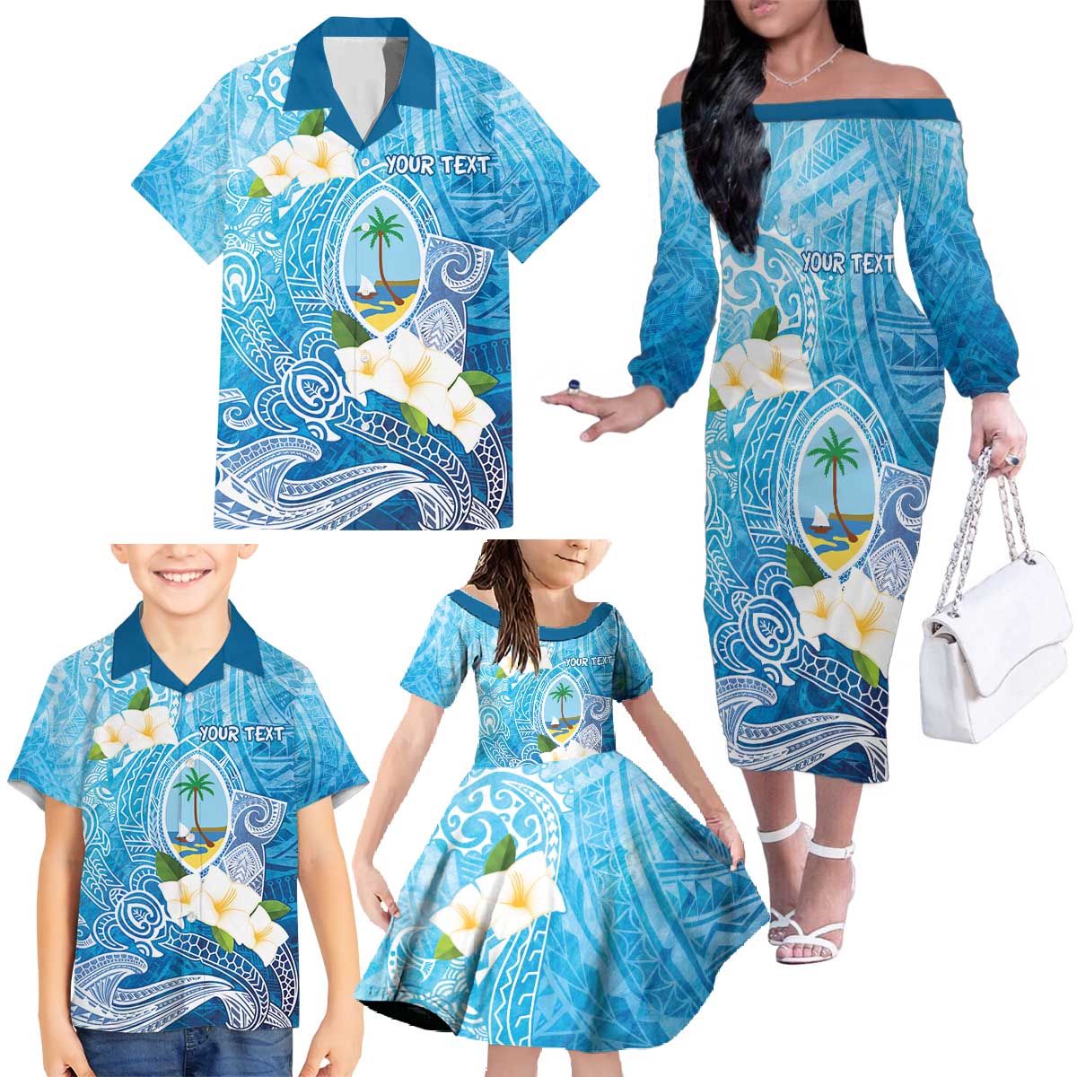 Hafa Adai Guam Chamorro Personalized Family Matching Off The Shoulder Long Sleeve Dress and Hawaiian Shirt Ocean Blue Latte Stone with Guasali - Polynesian Pride