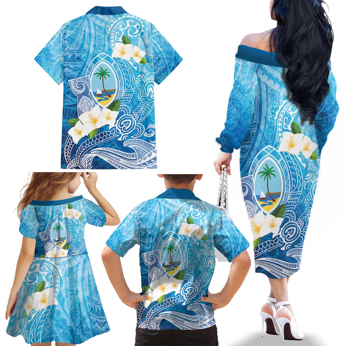 Hafa Adai Guam Chamorro Personalized Family Matching Off The Shoulder Long Sleeve Dress and Hawaiian Shirt Ocean Blue Latte Stone with Guasali - Polynesian Pride