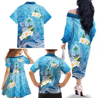 Hafa Adai Guam Chamorro Personalized Family Matching Off The Shoulder Long Sleeve Dress and Hawaiian Shirt Ocean Blue Latte Stone with Guasali - Polynesian Pride