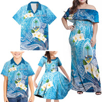 Hafa Adai Guam Chamorro Personalized Family Matching Off Shoulder Maxi Dress and Hawaiian Shirt Ocean Blue Latte Stone with Guasali - Polynesian Pride