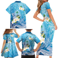 Hafa Adai Guam Chamorro Personalized Family Matching Short Sleeve Bodycon Dress and Hawaiian Shirt Ocean Blue Latte Stone with Guasali - Polynesian Pride