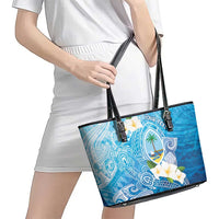 Hafa Adai Guam Chamorro Personalized Leather Tote Bag Ocean Blue Latte Stone with Guasali - Polynesian Pride