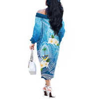 Hafa Adai Guam Chamorro Personalized Off The Shoulder Long Sleeve Dress Ocean Blue Latte Stone with Guasali - Polynesian Pride