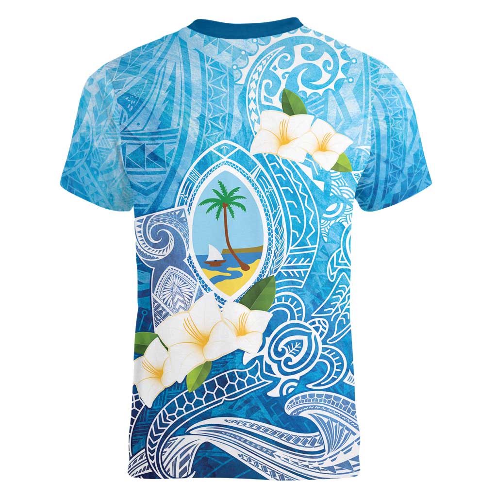 Hafa Adai Guam Chamorro Personalized Women V-Neck T-Shirt Ocean Blue Latte Stone with Guasali - Polynesian Pride