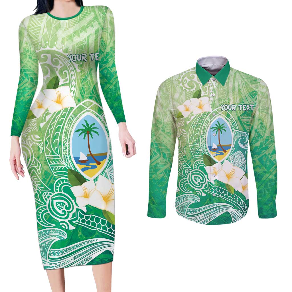 Hafa Adai Guam Chamorro Personalized Couples Matching Long Sleeve Bodycon Dress and Long Sleeve Button Shirt Summer Green Latte Stone with Guasali - Polynesian Pride