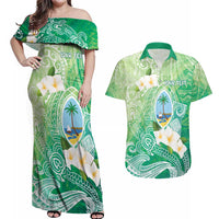 Hafa Adai Guam Chamorro Personalized Couples Matching Off Shoulder Maxi Dress and Hawaiian Shirt Summer Green Latte Stone with Guasali - Polynesian Pride