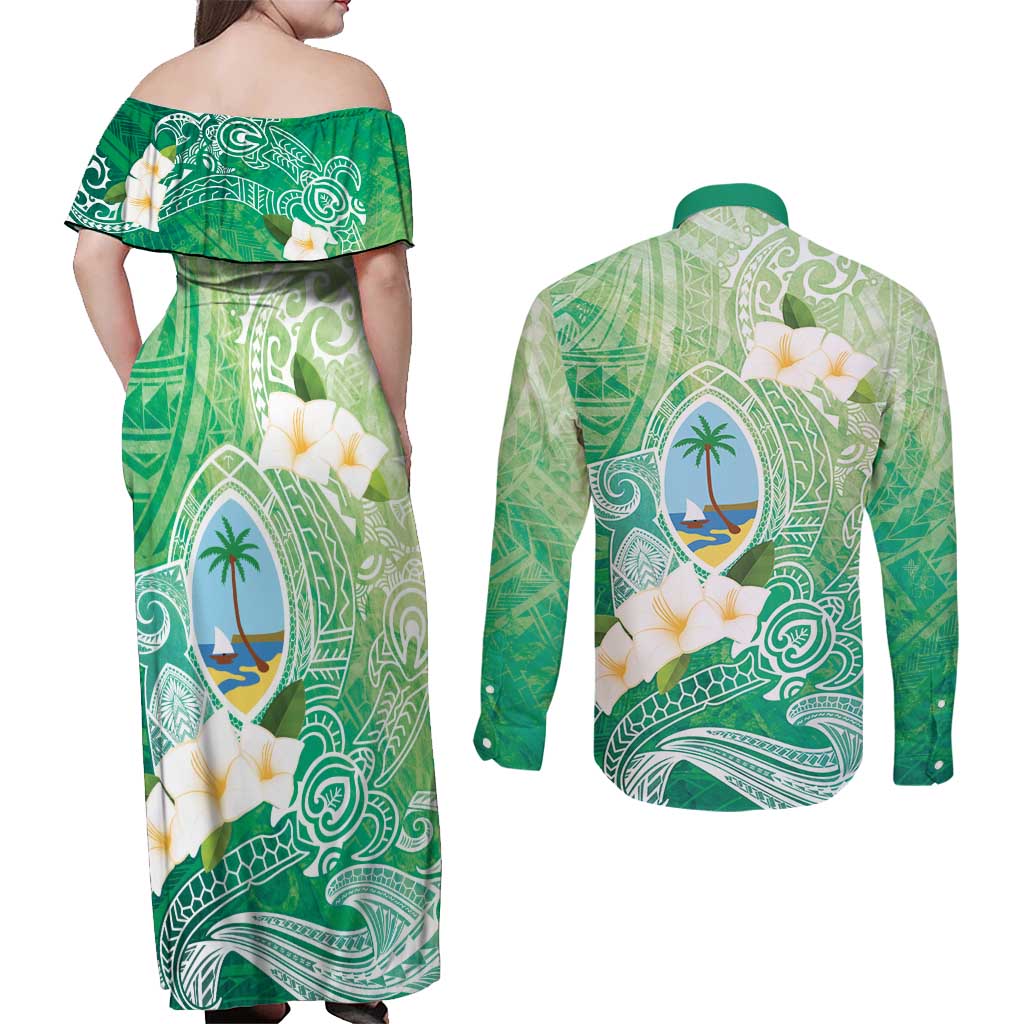 Hafa Adai Guam Chamorro Personalized Couples Matching Off Shoulder Maxi Dress and Long Sleeve Button Shirt Summer Green Latte Stone with Guasali - Polynesian Pride
