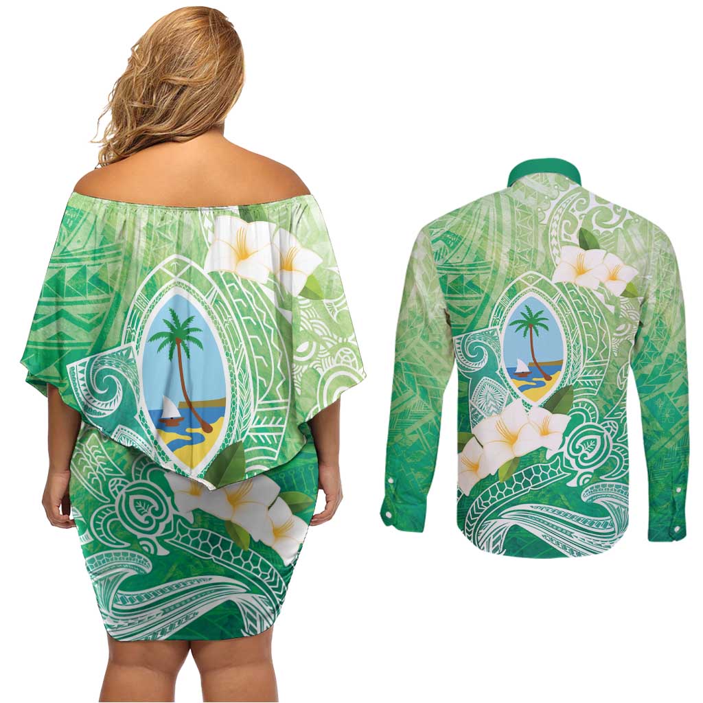 Hafa Adai Guam Chamorro Personalized Couples Matching Off Shoulder Short Dress and Long Sleeve Button Shirt Summer Green Latte Stone with Guasali - Polynesian Pride