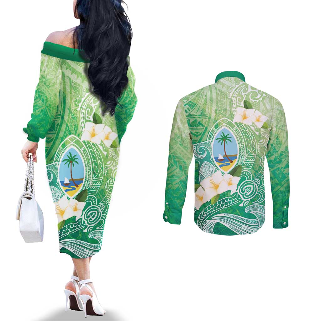 Hafa Adai Guam Chamorro Personalized Couples Matching Off The Shoulder Long Sleeve Dress and Long Sleeve Button Shirt Summer Green Latte Stone with Guasali - Polynesian Pride