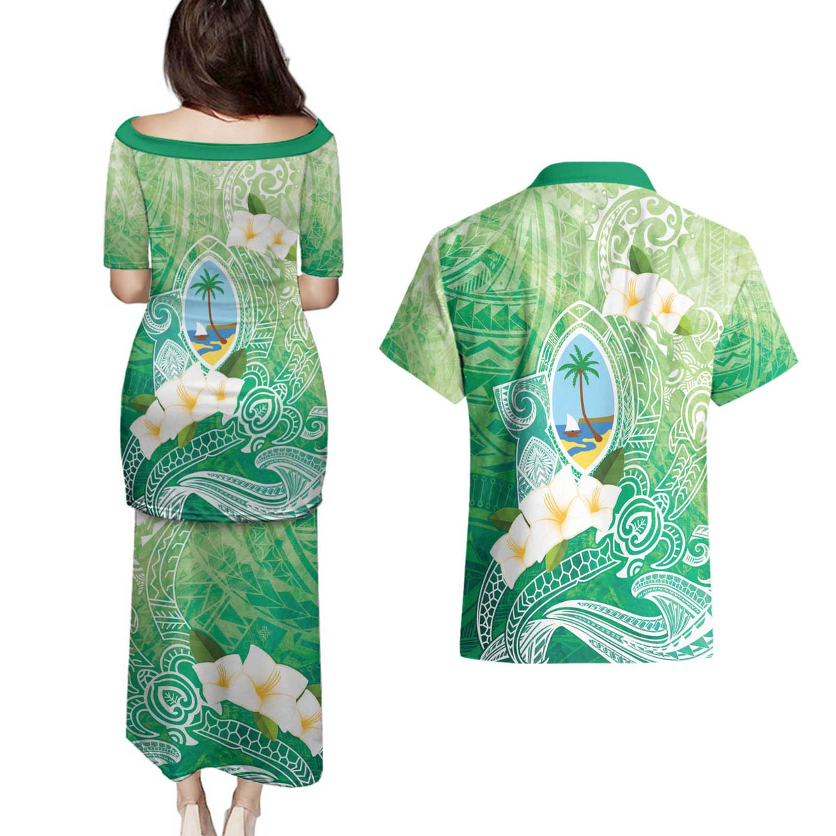 Hafa Adai Guam Chamorro Personalized Couples Matching Puletasi and Hawaiian Shirt Summer Green Latte Stone with Guasali - Polynesian Pride