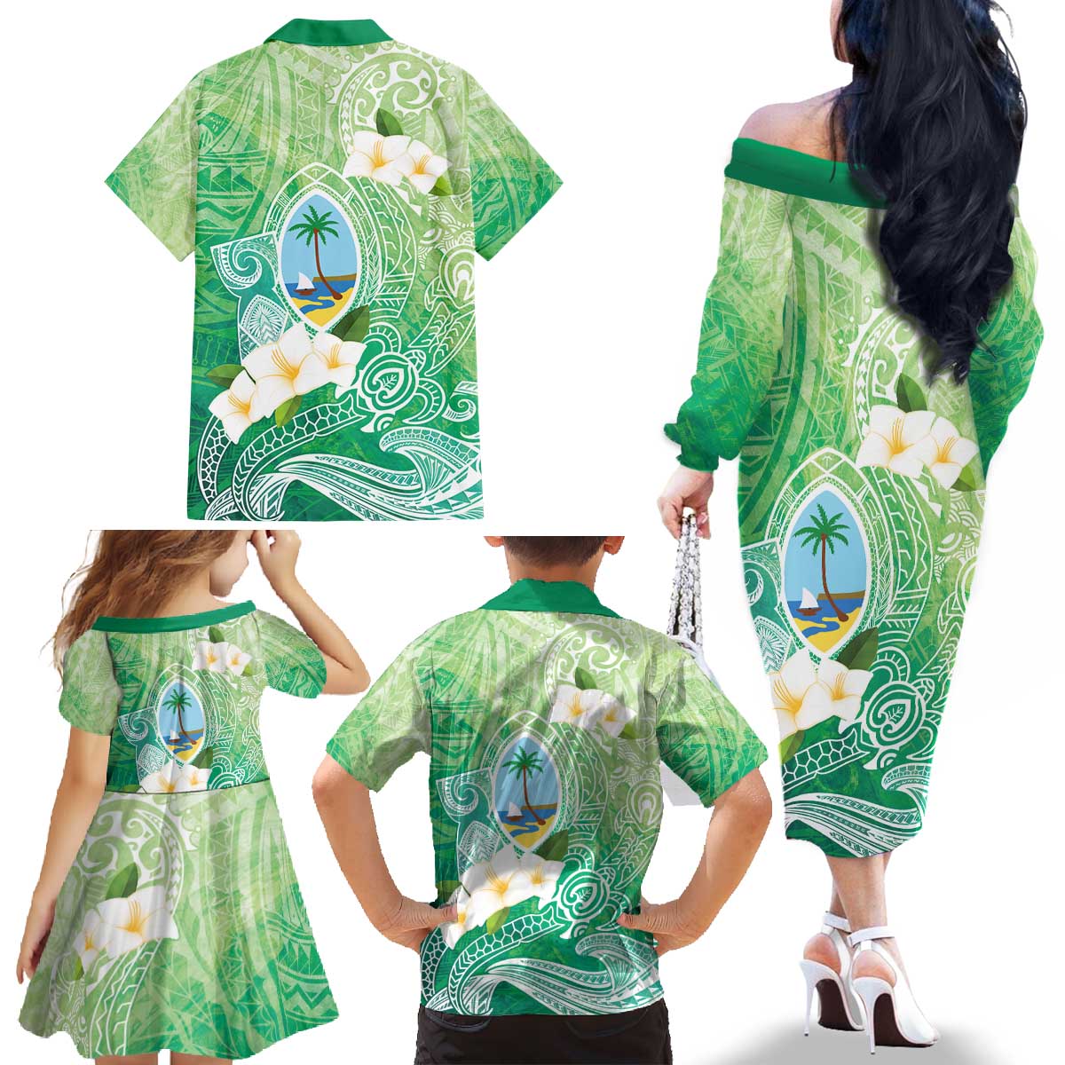 Hafa Adai Guam Chamorro Personalized Family Matching Off The Shoulder Long Sleeve Dress and Hawaiian Shirt Summer Green Latte Stone with Guasali - Polynesian Pride