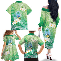 Hafa Adai Guam Chamorro Personalized Family Matching Off The Shoulder Long Sleeve Dress and Hawaiian Shirt Summer Green Latte Stone with Guasali - Polynesian Pride
