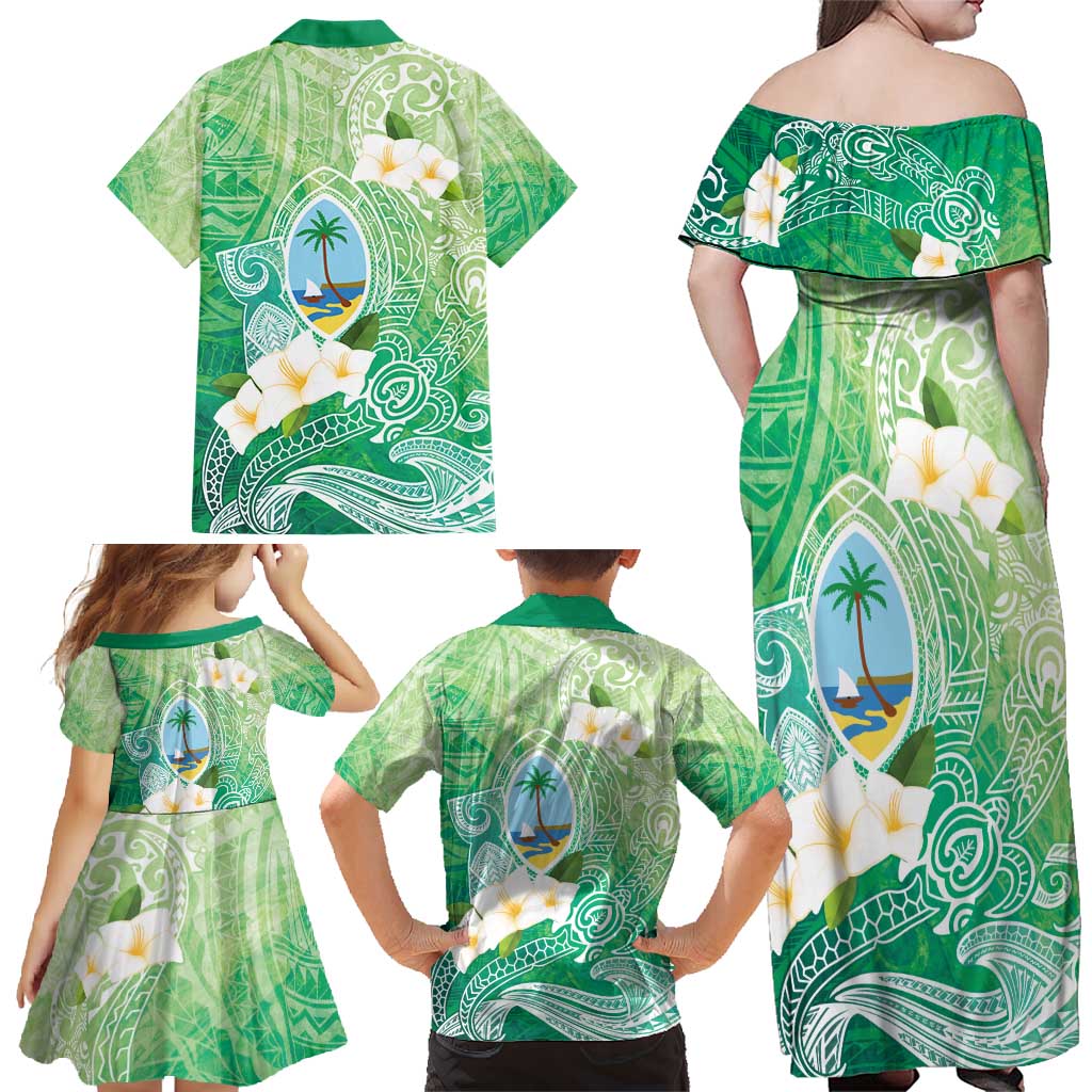 Hafa Adai Guam Chamorro Personalized Family Matching Off Shoulder Maxi Dress and Hawaiian Shirt Summer Green Latte Stone with Guasali - Polynesian Pride