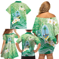 Hafa Adai Guam Chamorro Personalized Family Matching Off Shoulder Short Dress and Hawaiian Shirt Summer Green Latte Stone with Guasali - Polynesian Pride