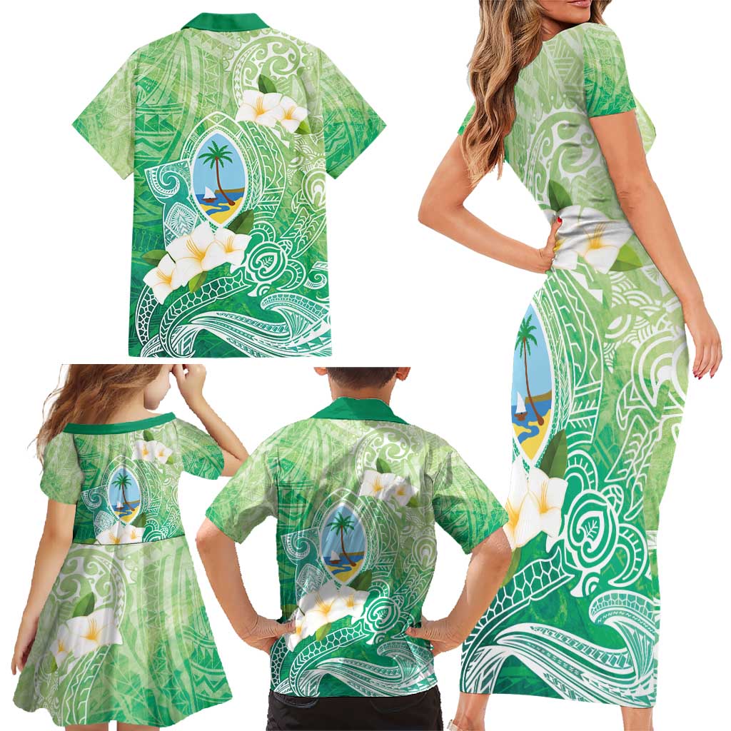 Hafa Adai Guam Chamorro Personalized Family Matching Short Sleeve Bodycon Dress and Hawaiian Shirt Summer Green Latte Stone with Guasali - Polynesian Pride