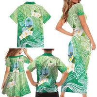 Hafa Adai Guam Chamorro Personalized Family Matching Short Sleeve Bodycon Dress and Hawaiian Shirt Summer Green Latte Stone with Guasali - Polynesian Pride