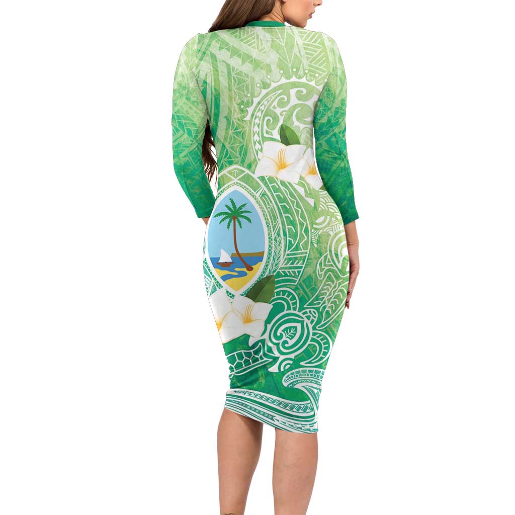 Hafa Adai Guam Chamorro Personalized Long Sleeve Bodycon Dress Summer Green Latte Stone with Guasali - Polynesian Pride