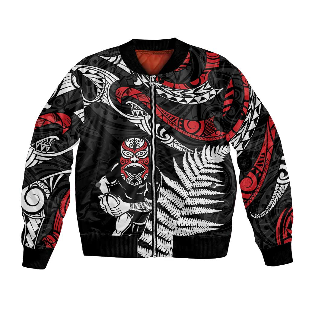 New Zealand Maori Rugby Personalised Bomber Jacket Ta Moko Silver Fern LT7 Unisex Black - Polynesian Pride