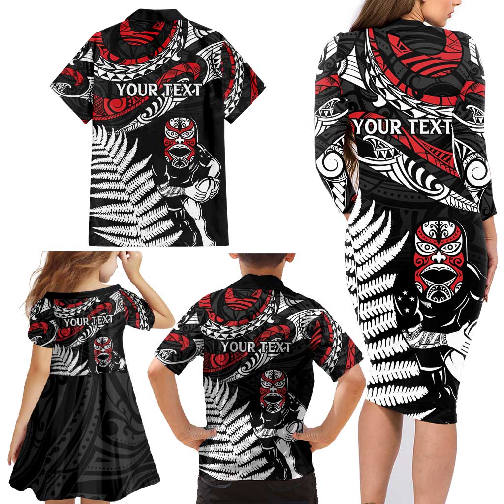 New Zealand Maori Rugby Personalised Family Matching Long Sleeve Bodycon Dress and Hawaiian Shirt Ta Moko Silver Fern