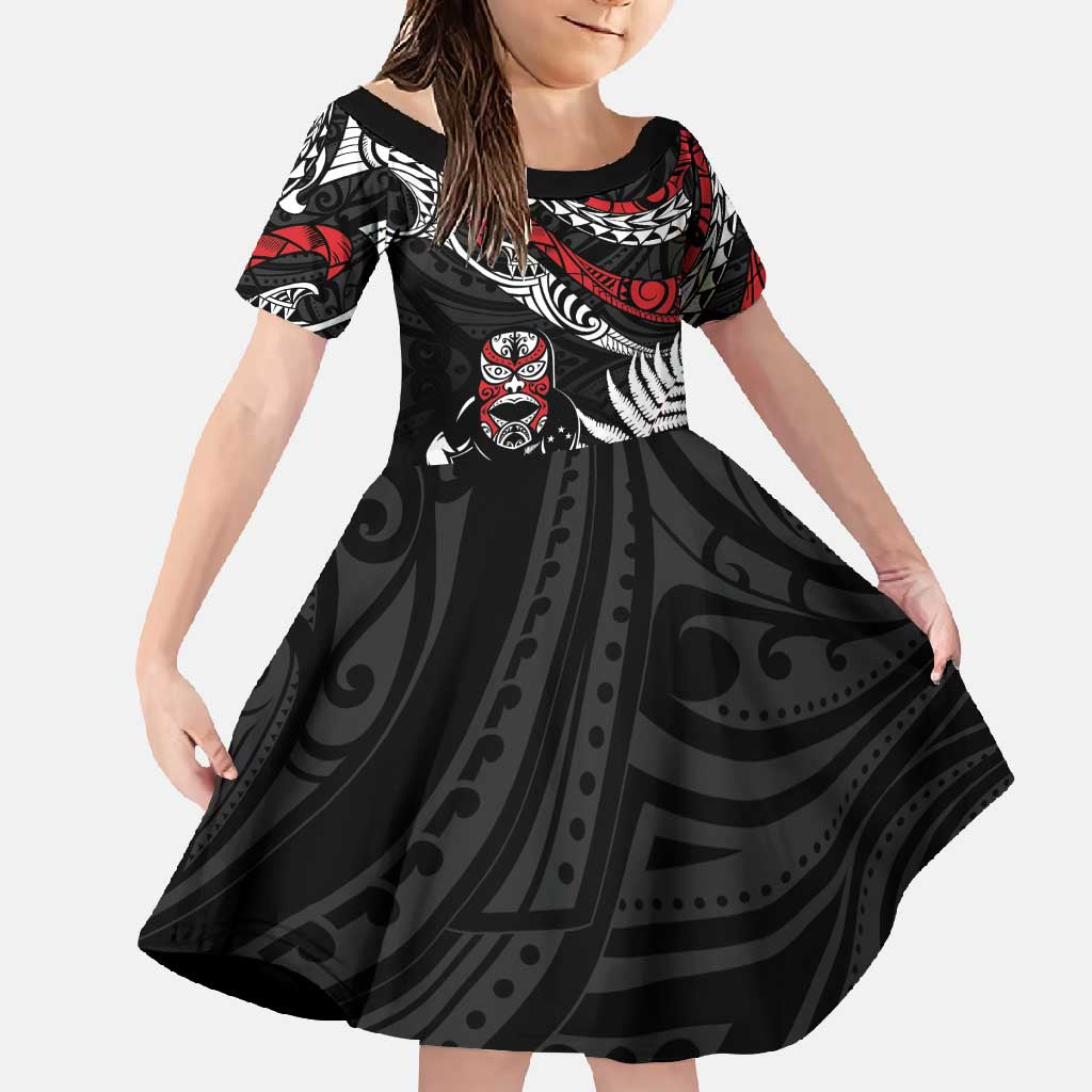 New Zealand Maori Rugby Personalised Family Matching Mermaid Dress and Hawaiian Shirt Ta Moko Silver Fern LT7 Daughter's Dress Black - Polynesian Pride