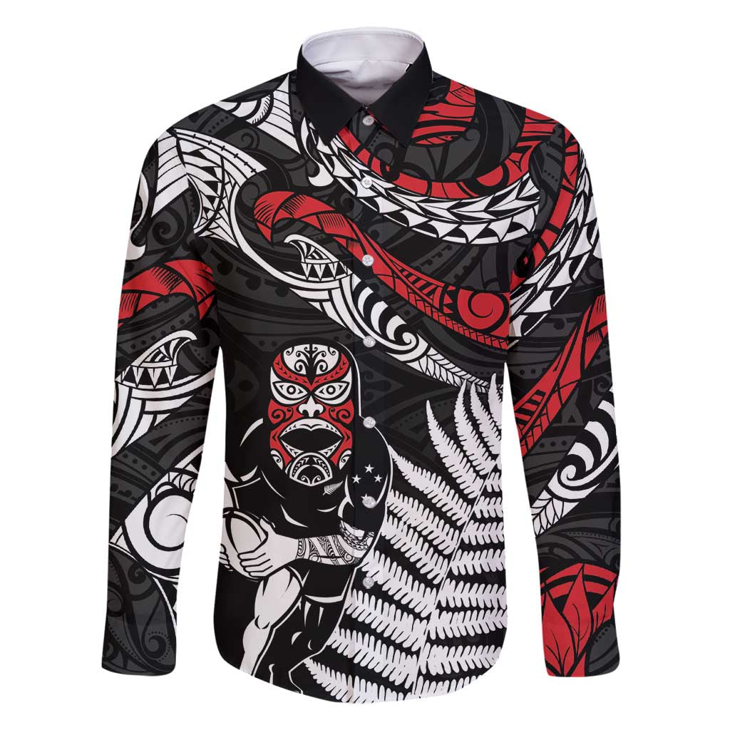 New Zealand Maori Rugby Personalised Family Matching Mermaid Dress and Hawaiian Shirt Ta Moko Silver Fern LT7 Dad's Shirt - Long Sleeve Black - Polynesian Pride
